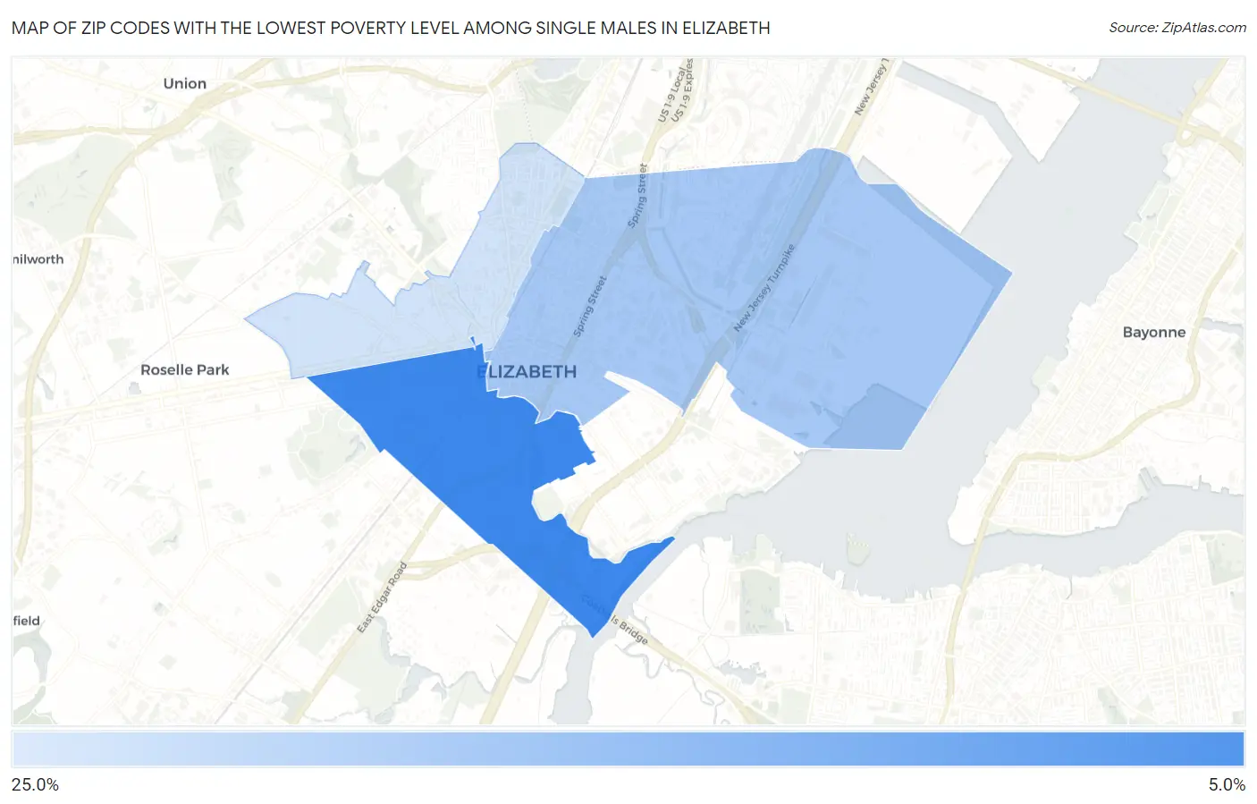 Zip Codes with the Lowest Poverty Level Among Single Males in Elizabeth Map