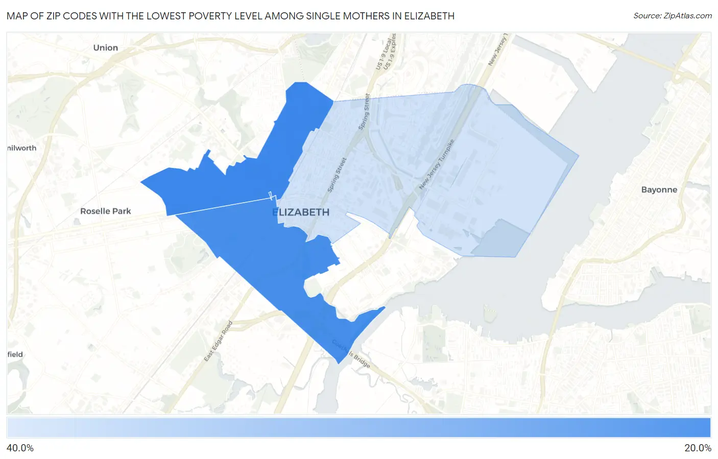 Zip Codes with the Lowest Poverty Level Among Single Mothers in Elizabeth Map