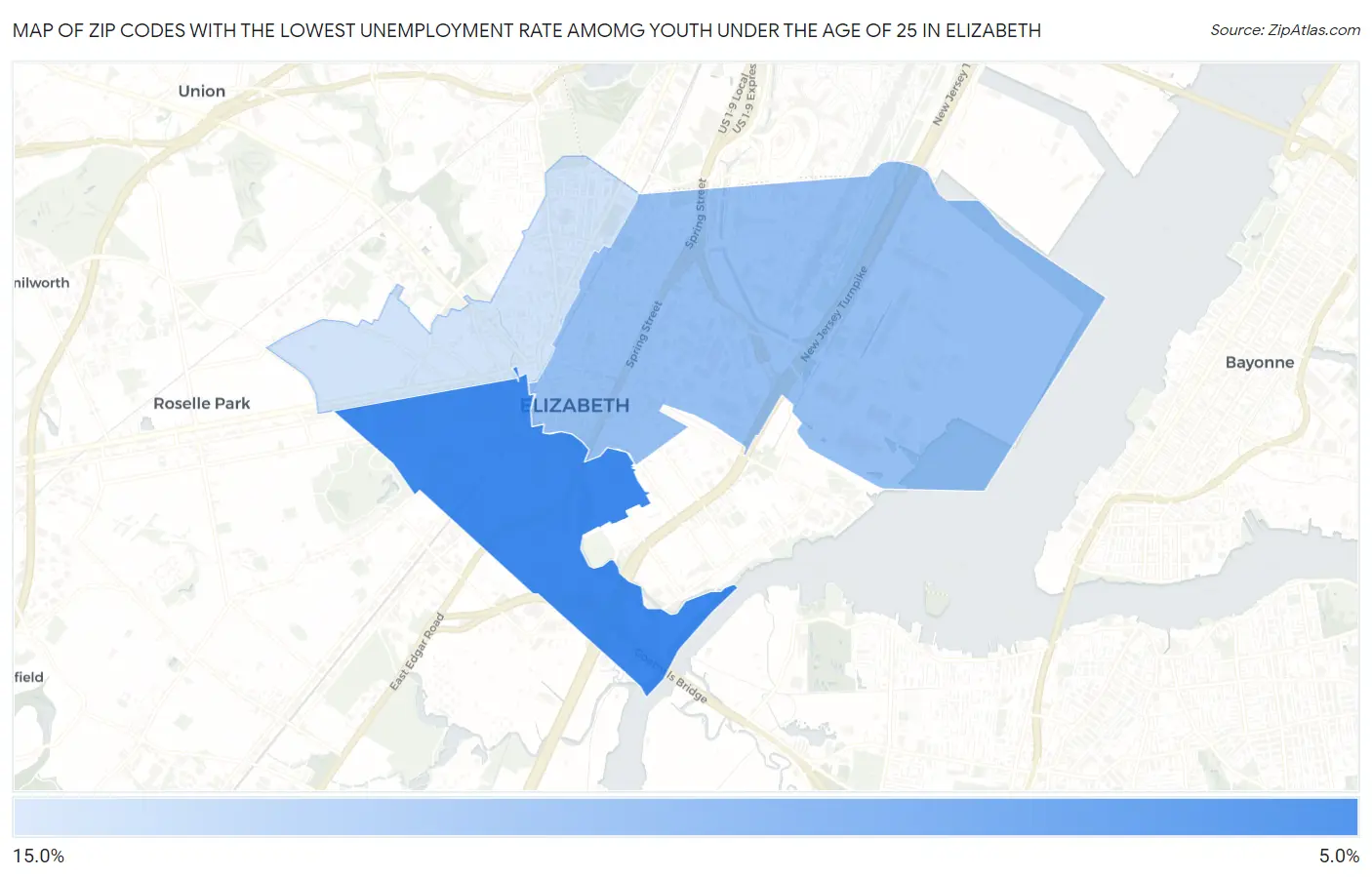 Zip Codes with the Lowest Unemployment Rate Amomg Youth Under the Age of 25 in Elizabeth Map