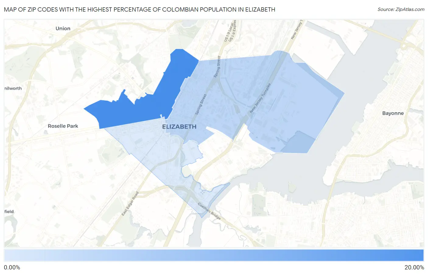 Zip Codes with the Highest Percentage of Colombian Population in Elizabeth Map
