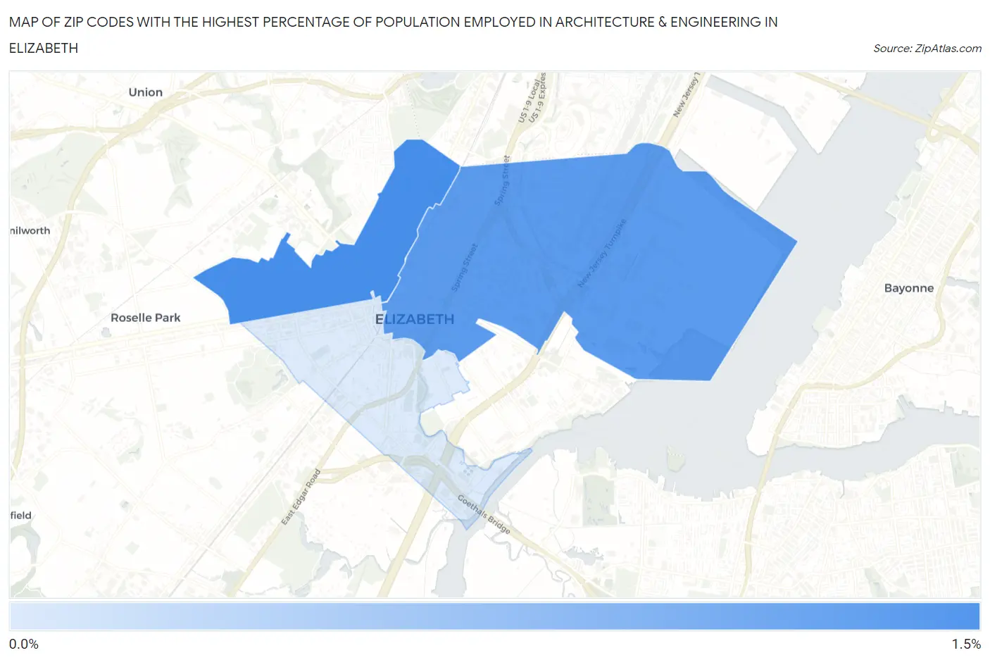 Zip Codes with the Highest Percentage of Population Employed in Architecture & Engineering in Elizabeth Map