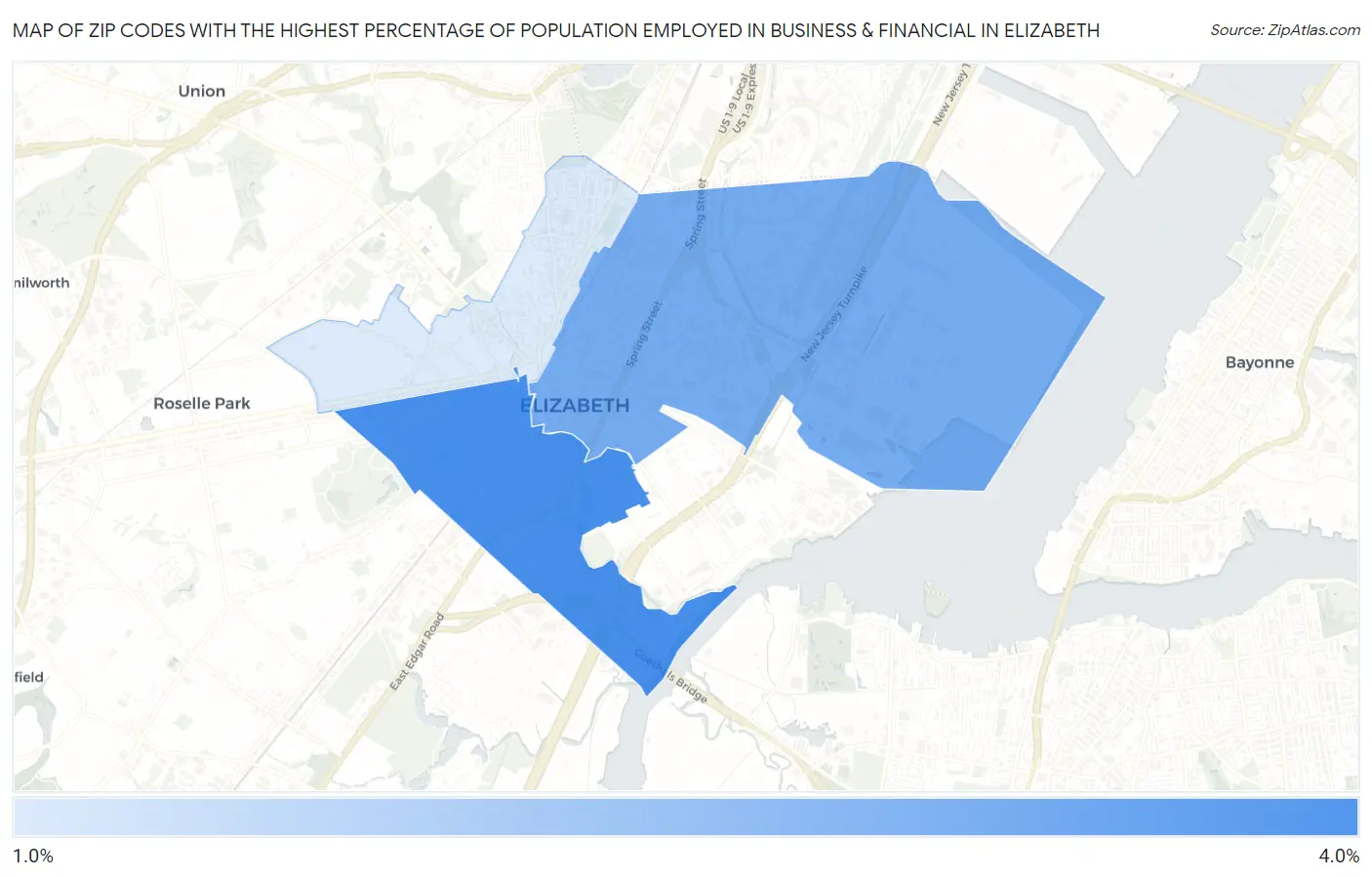 Zip Codes with the Highest Percentage of Population Employed in Business & Financial in Elizabeth Map