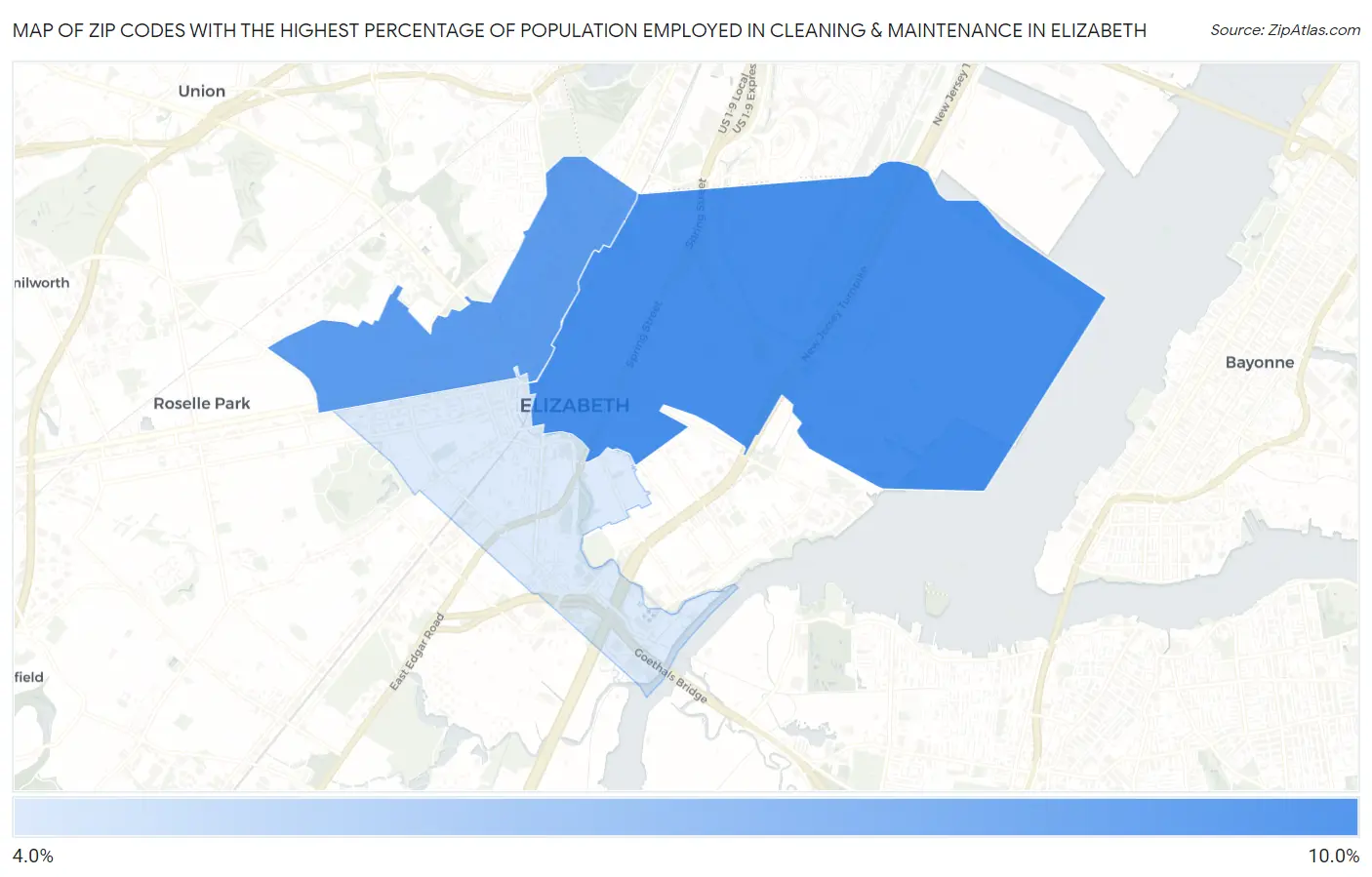 Zip Codes with the Highest Percentage of Population Employed in Cleaning & Maintenance in Elizabeth Map