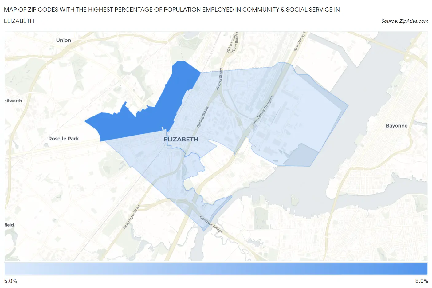 Zip Codes with the Highest Percentage of Population Employed in Community & Social Service  in Elizabeth Map