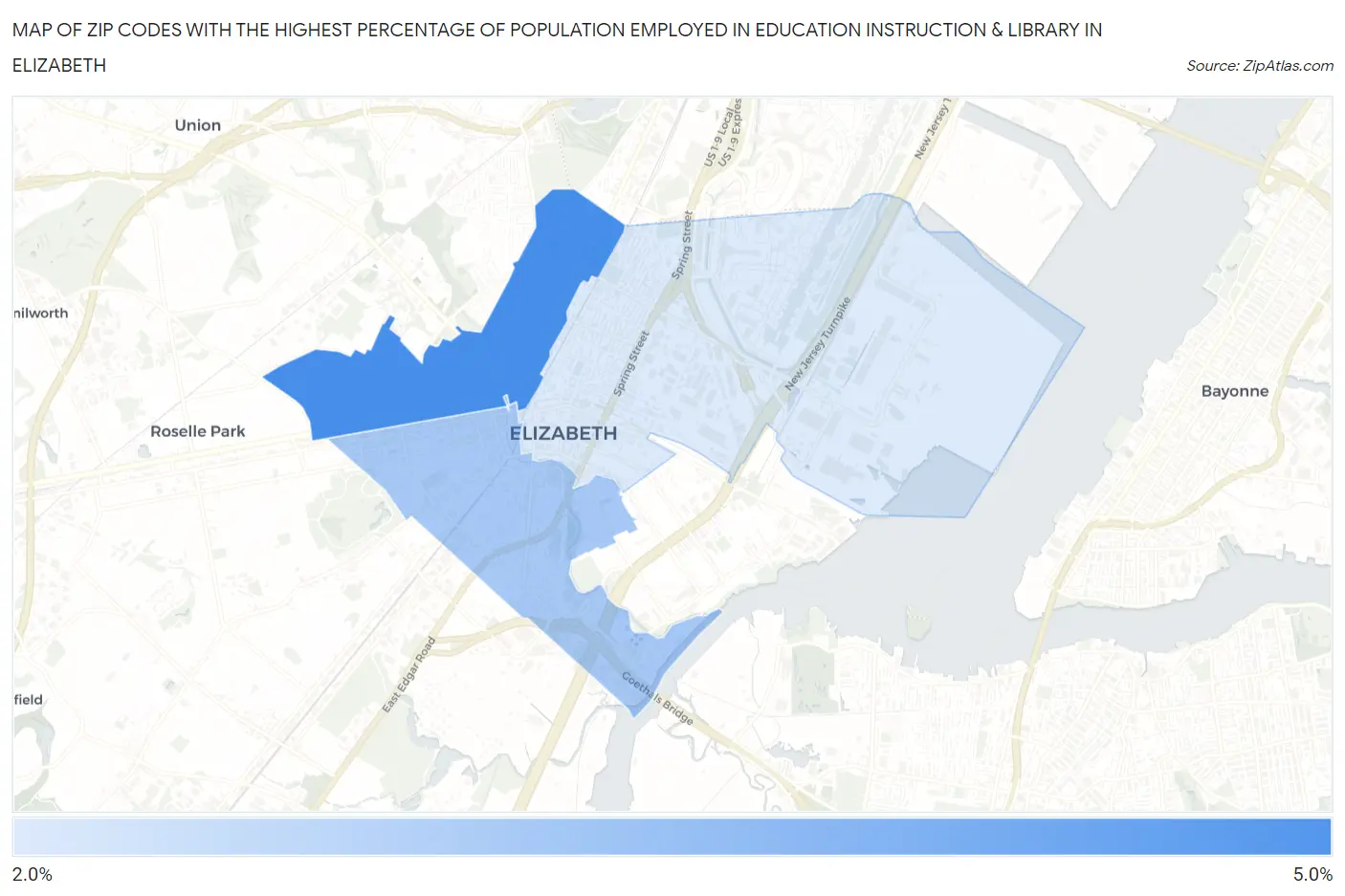Zip Codes with the Highest Percentage of Population Employed in Education Instruction & Library in Elizabeth Map