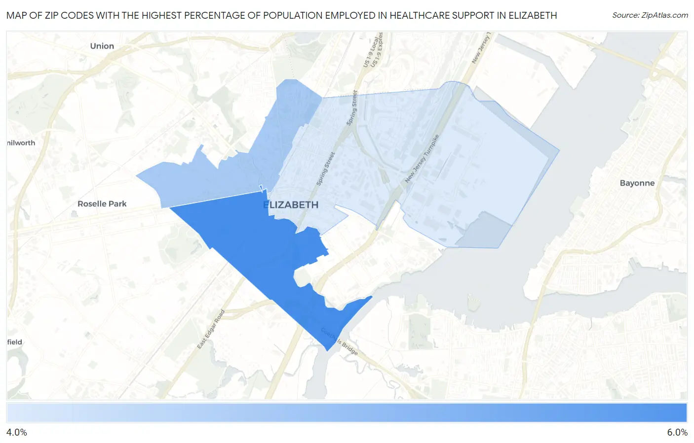 Zip Codes with the Highest Percentage of Population Employed in Healthcare Support in Elizabeth Map