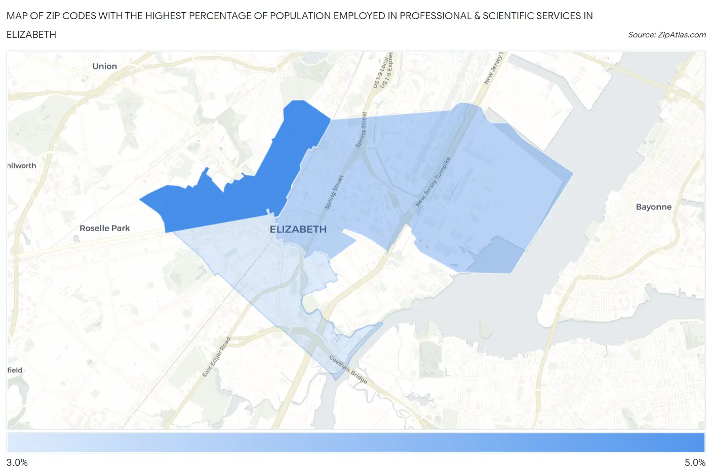 Zip Codes with the Highest Percentage of Population Employed in Professional & Scientific Services in Elizabeth Map