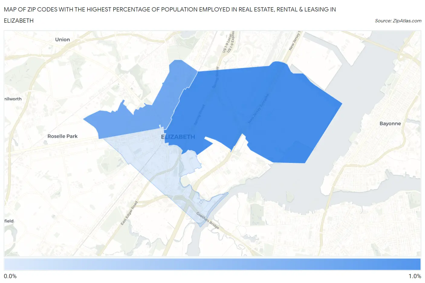 Zip Codes with the Highest Percentage of Population Employed in Real Estate, Rental & Leasing in Elizabeth Map