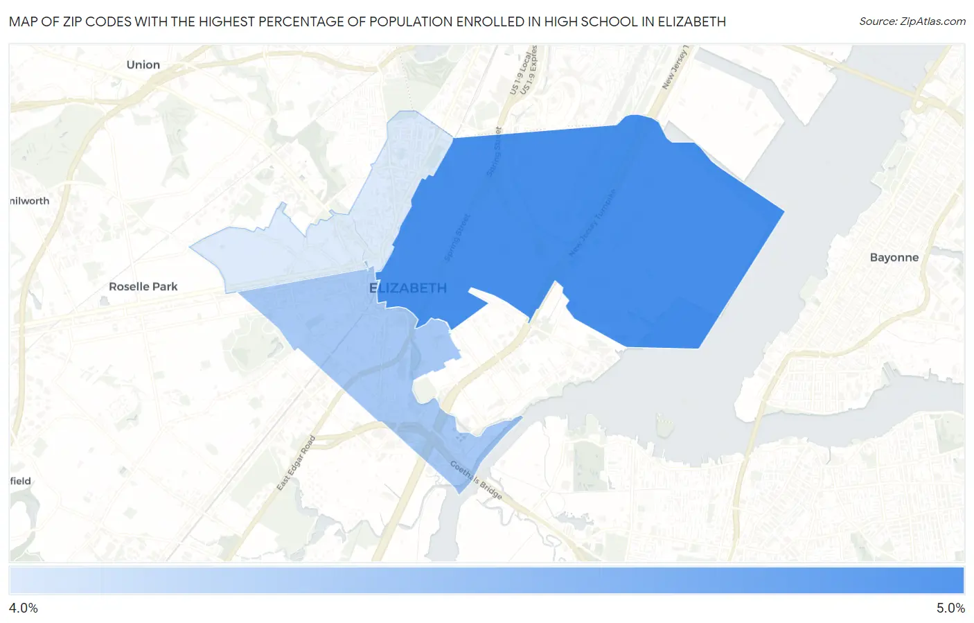 Zip Codes with the Highest Percentage of Population Enrolled in High School in Elizabeth Map