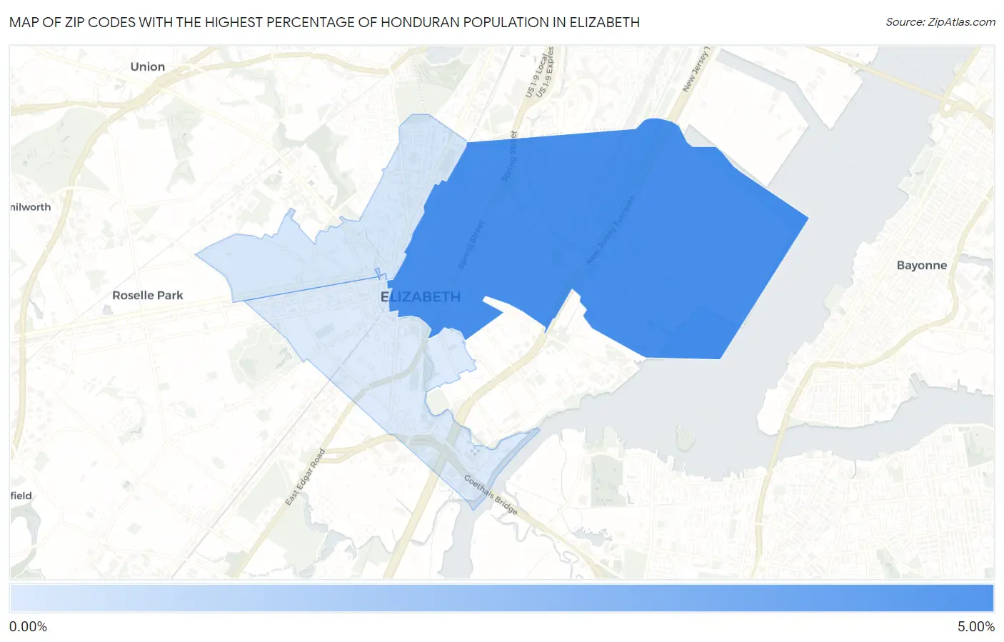 Zip Codes with the Highest Percentage of Honduran Population in Elizabeth Map