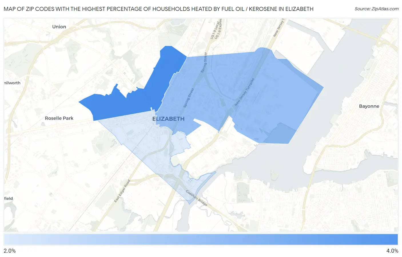 Zip Codes with the Highest Percentage of Households Heated by Fuel Oil / Kerosene in Elizabeth Map