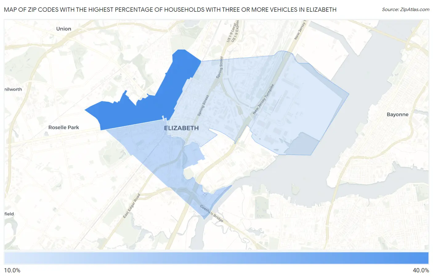 Zip Codes with the Highest Percentage of Households With Three or more Vehicles in Elizabeth Map