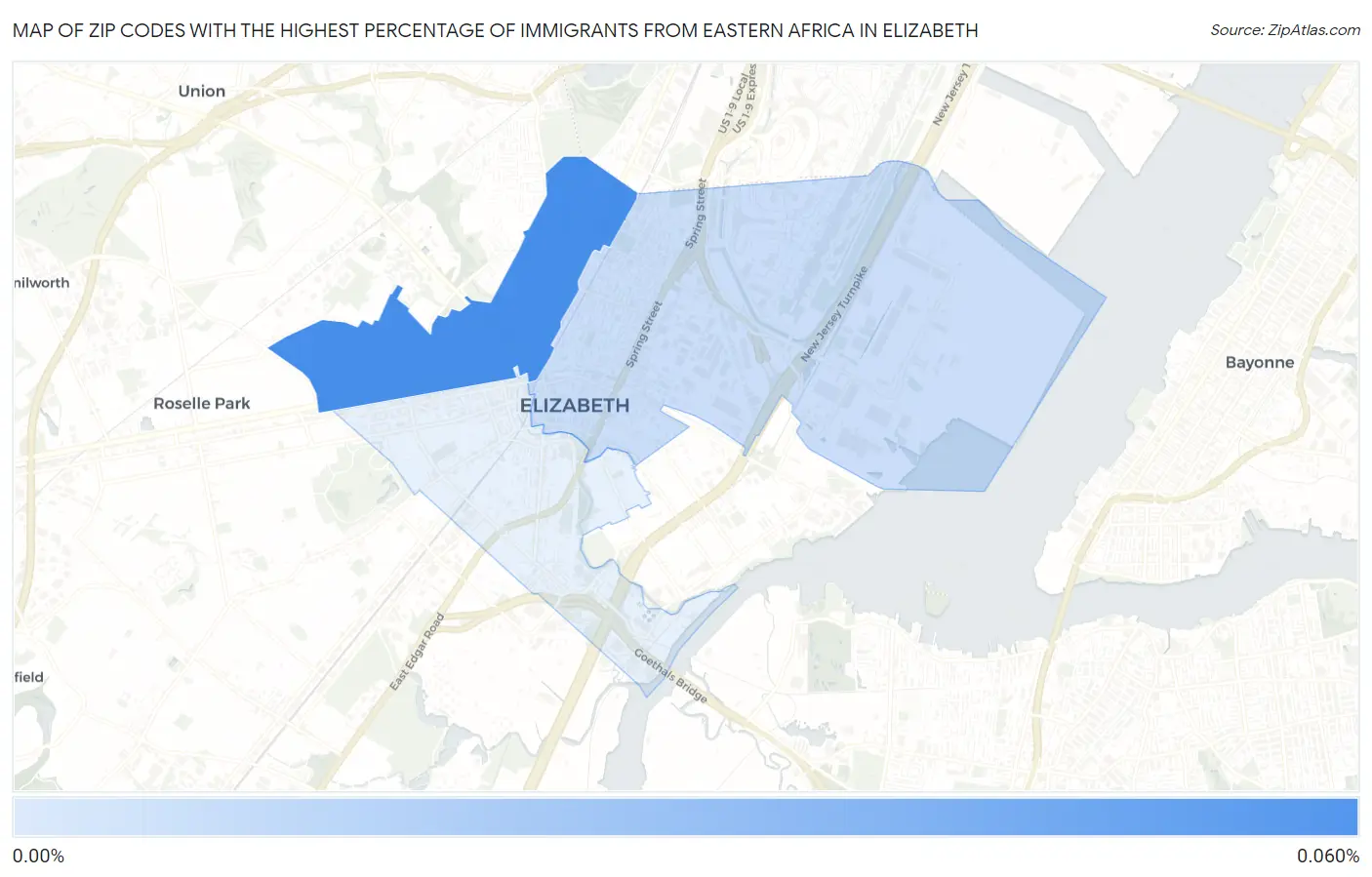 Zip Codes with the Highest Percentage of Immigrants from Eastern Africa in Elizabeth Map