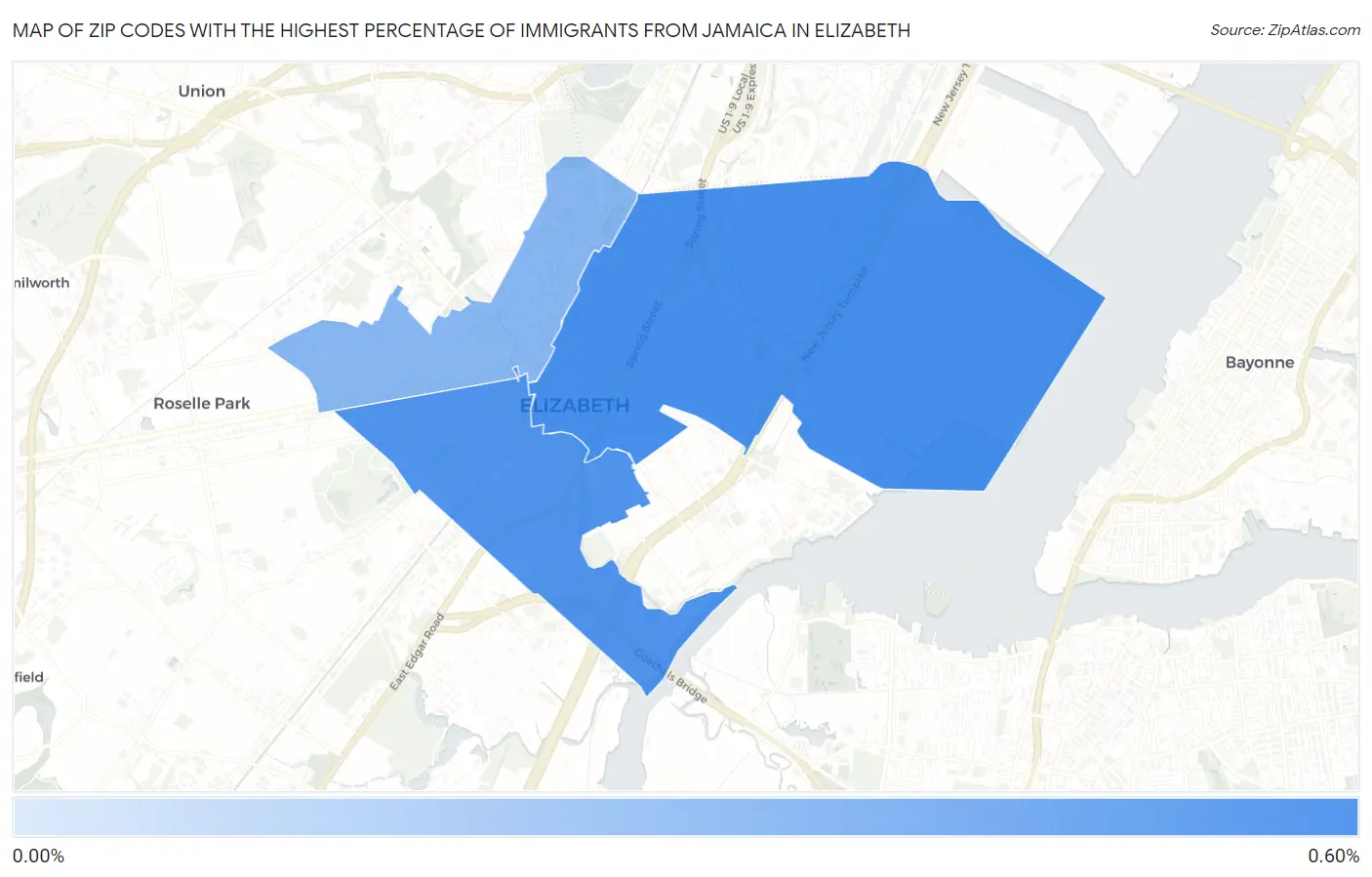 Zip Codes with the Highest Percentage of Immigrants from Jamaica in Elizabeth Map