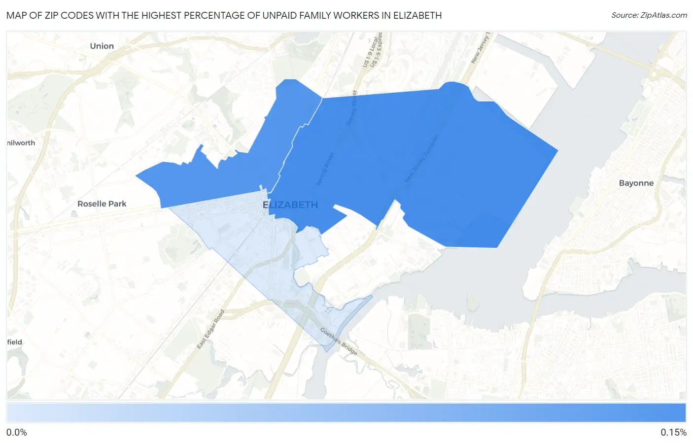 Zip Codes with the Highest Percentage of Unpaid Family Workers in Elizabeth Map