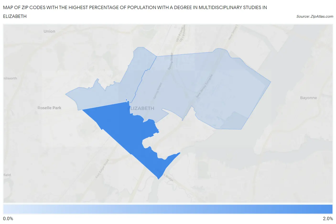 Zip Codes with the Highest Percentage of Population with a Degree in Multidisciplinary Studies in Elizabeth Map
