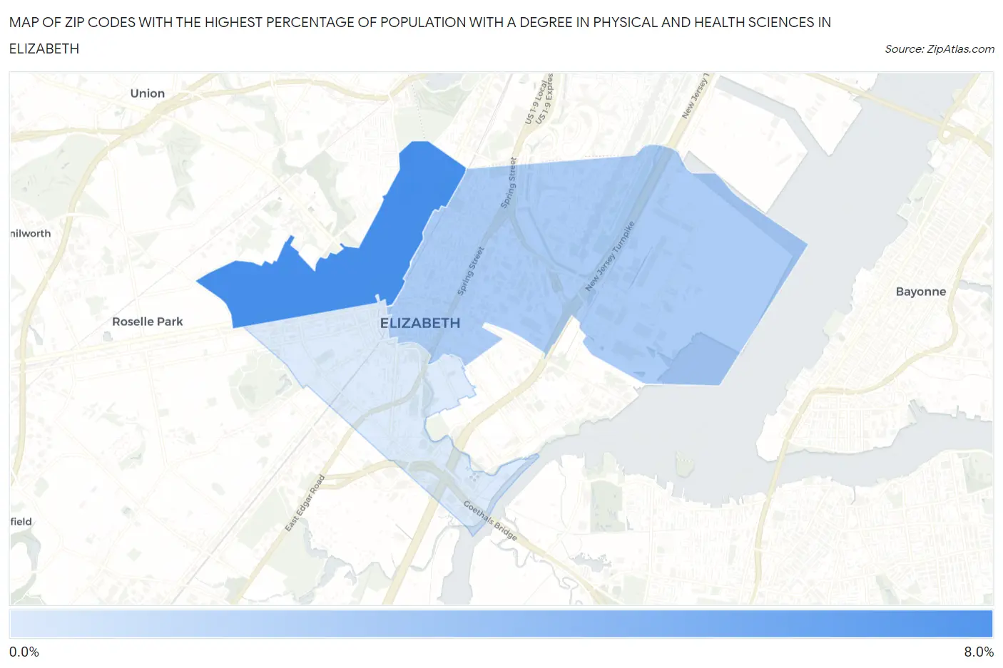 Zip Codes with the Highest Percentage of Population with a Degree in Physical and Health Sciences in Elizabeth Map