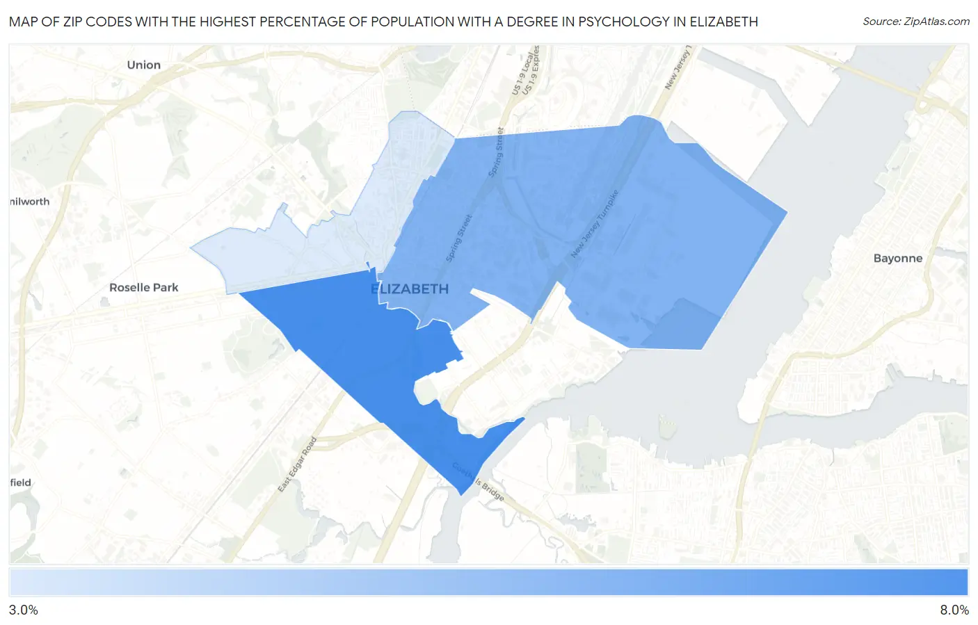 Zip Codes with the Highest Percentage of Population with a Degree in Psychology in Elizabeth Map