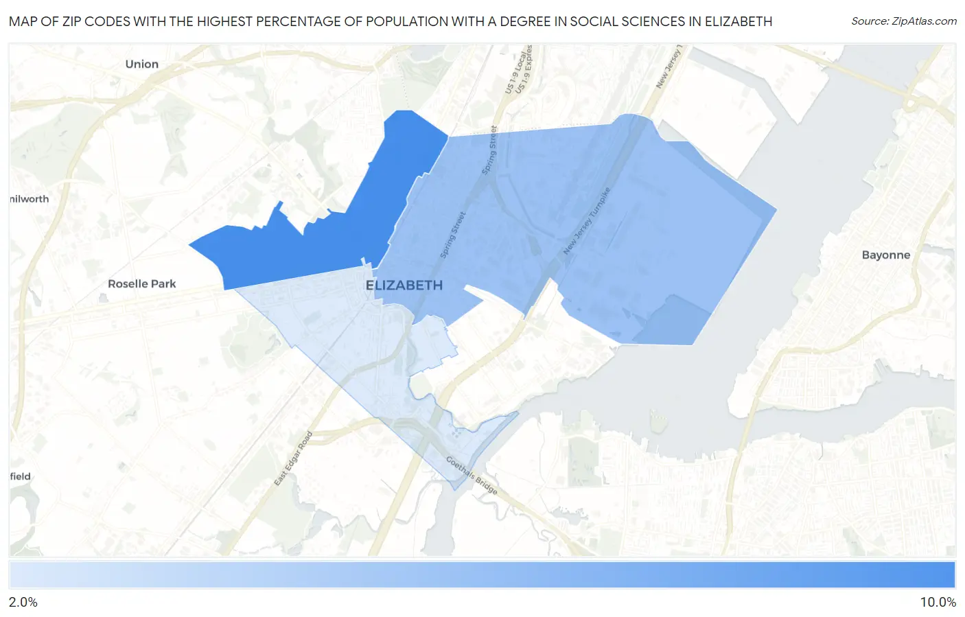 Zip Codes with the Highest Percentage of Population with a Degree in Social Sciences in Elizabeth Map