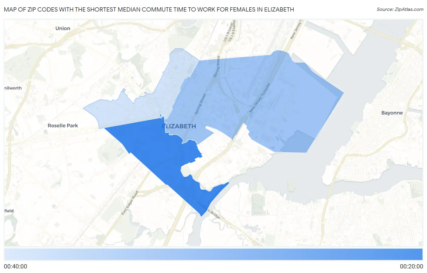 Zip Codes with the Shortest Median Commute Time to Work for Females in Elizabeth Map