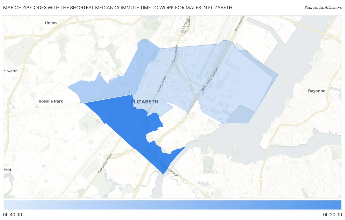 Zip Codes with the Shortest Median Commute Time to Work for Males in Elizabeth Map