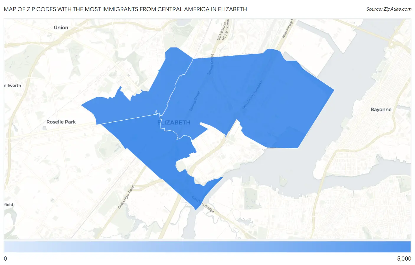 Zip Codes with the Most Immigrants from Central America in Elizabeth Map
