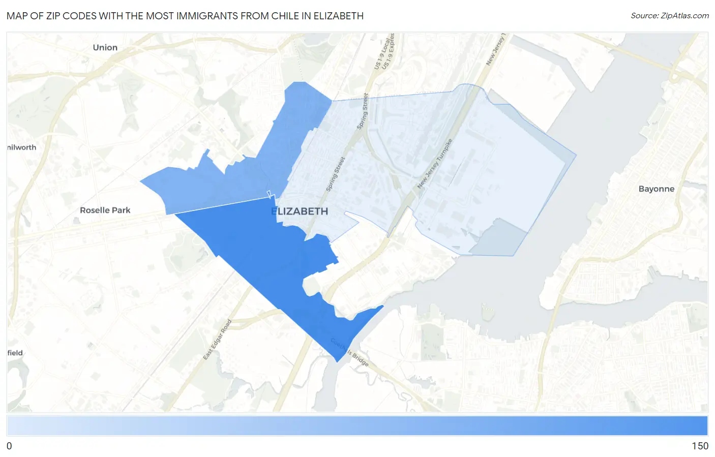 Zip Codes with the Most Immigrants from Chile in Elizabeth Map