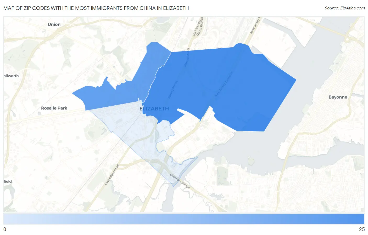 Zip Codes with the Most Immigrants from China in Elizabeth Map