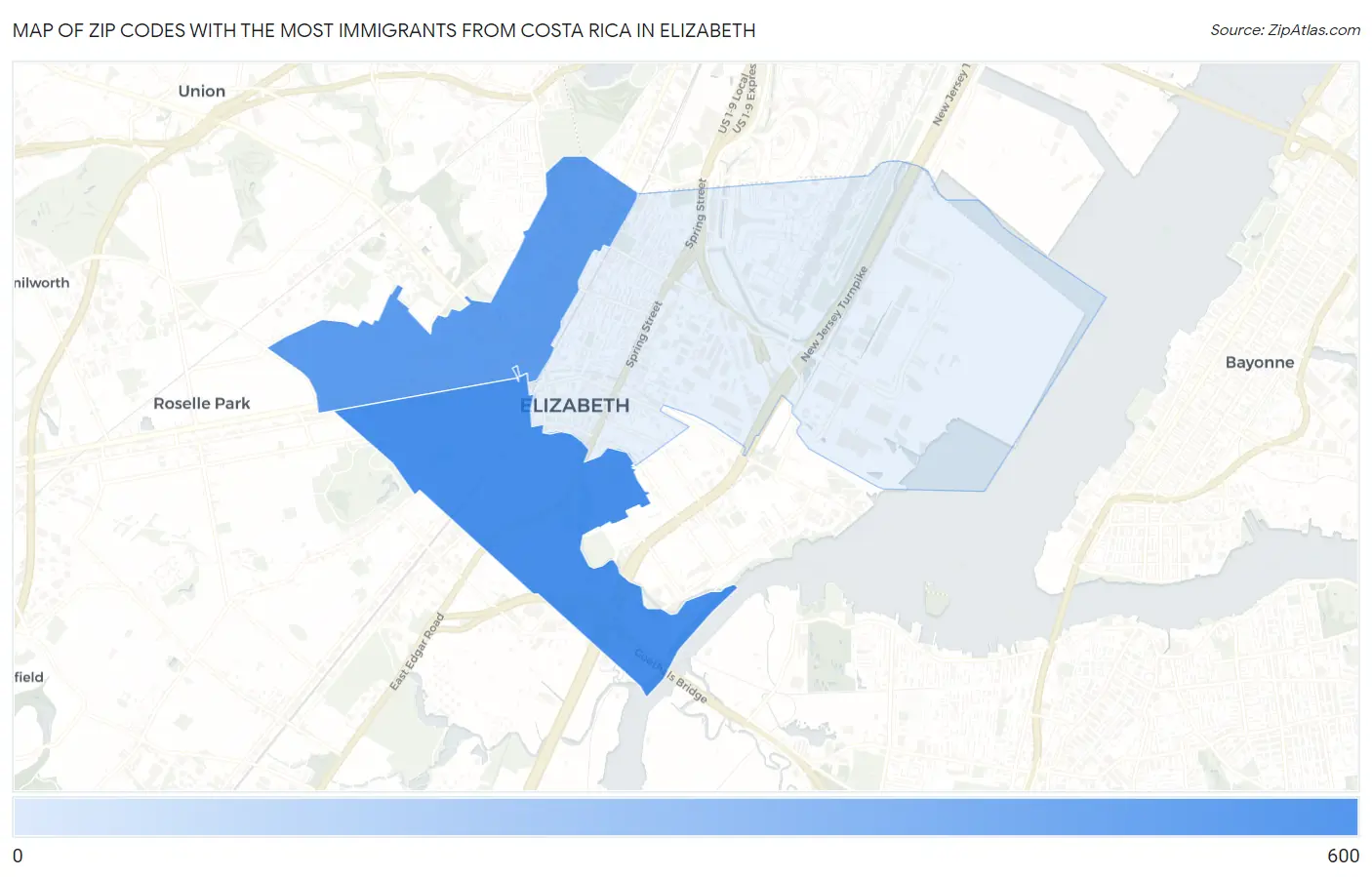Zip Codes with the Most Immigrants from Costa Rica in Elizabeth Map
