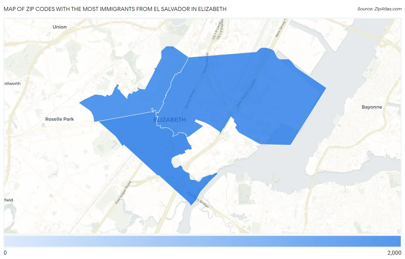 Zip Codes with the Most Immigrants from El Salvador in Elizabeth Map