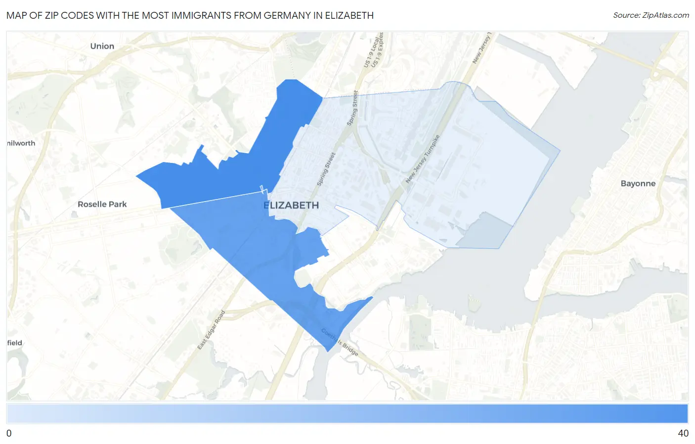 Zip Codes with the Most Immigrants from Germany in Elizabeth Map