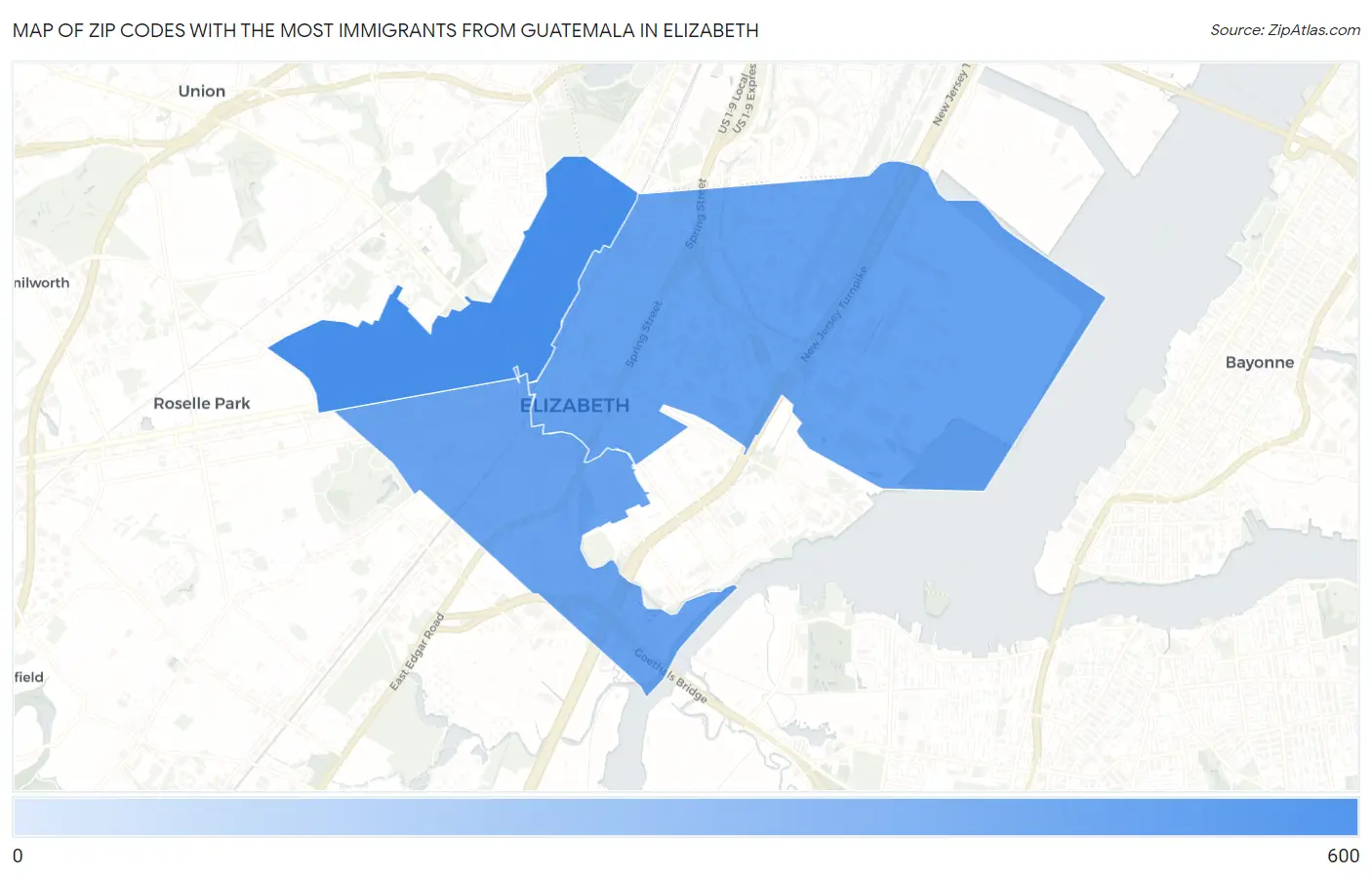 Zip Codes with the Most Immigrants from Guatemala in Elizabeth Map