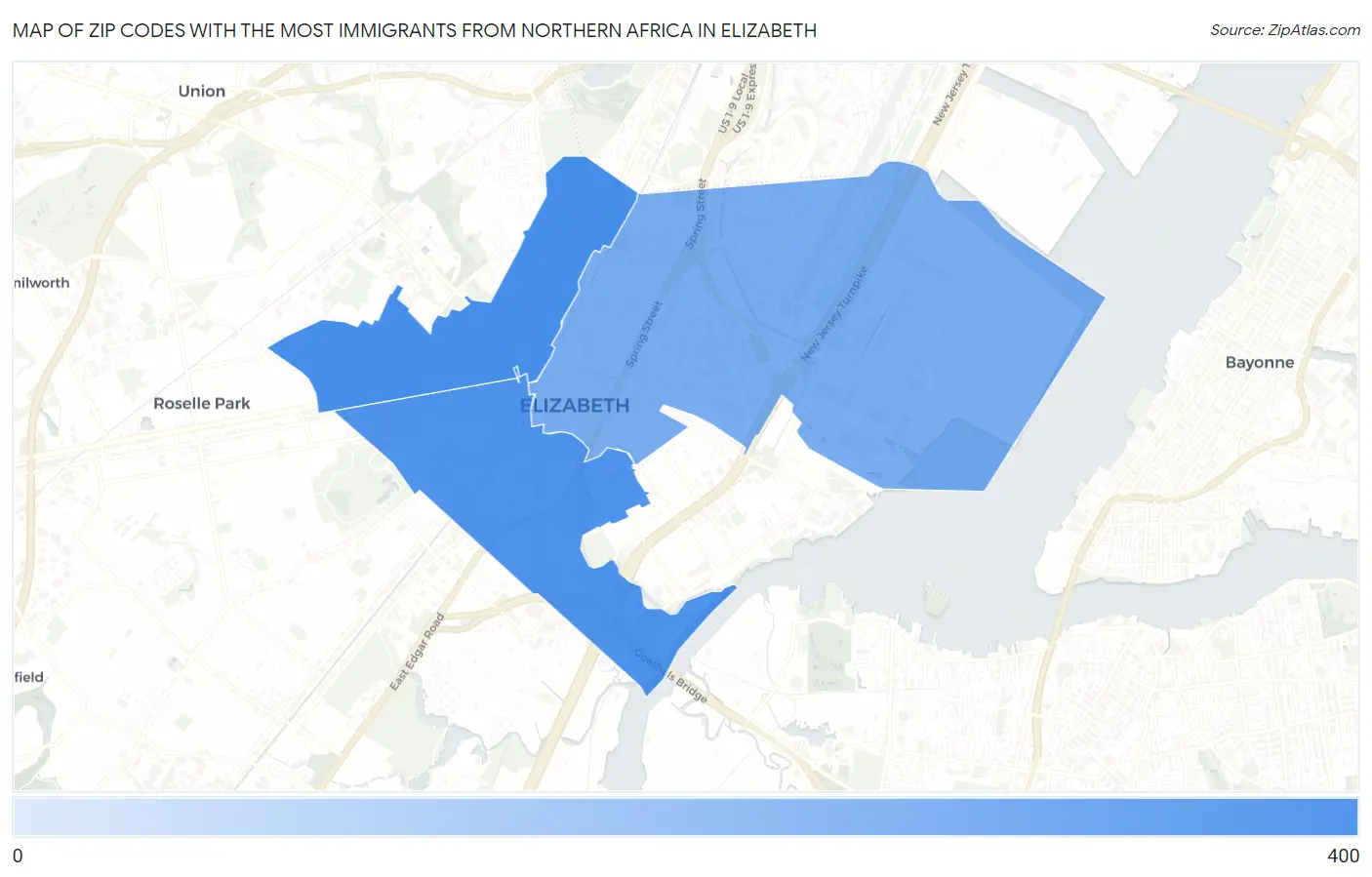 Zip Codes with the Most Immigrants from Northern Africa in Elizabeth Map