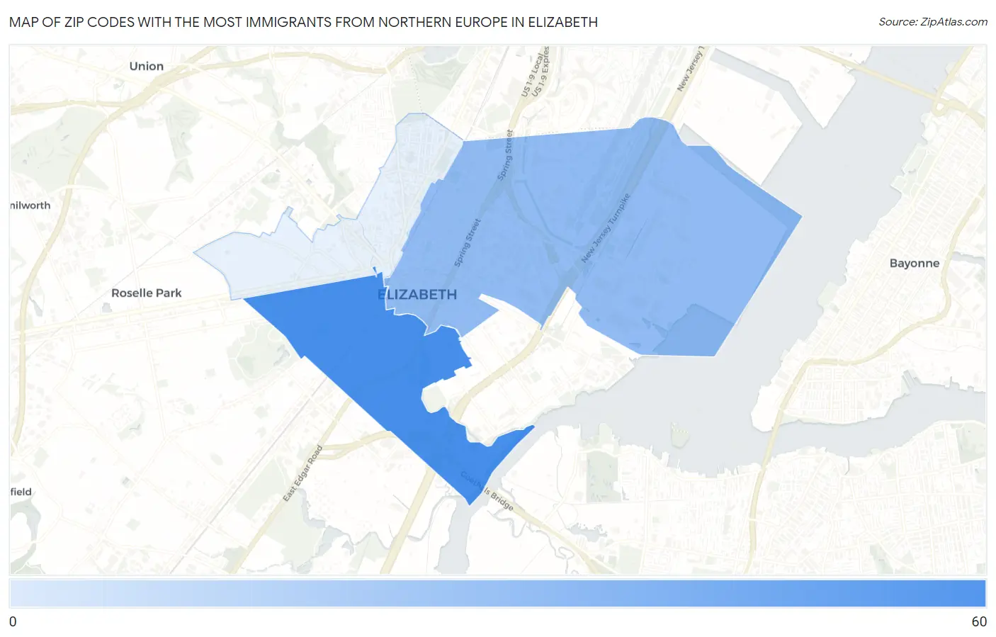 Zip Codes with the Most Immigrants from Northern Europe in Elizabeth Map