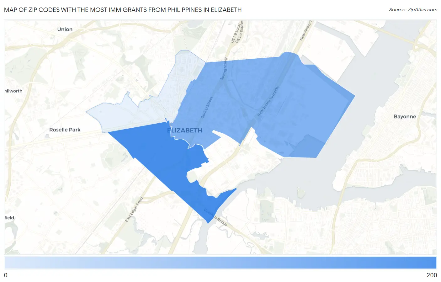 Zip Codes with the Most Immigrants from Philippines in Elizabeth Map