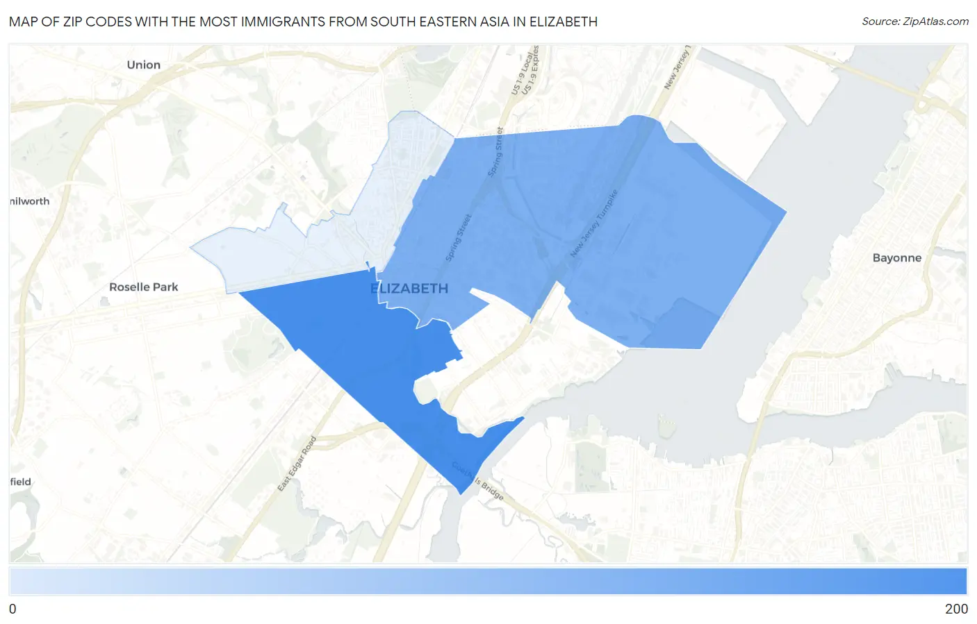 Zip Codes with the Most Immigrants from South Eastern Asia in Elizabeth Map