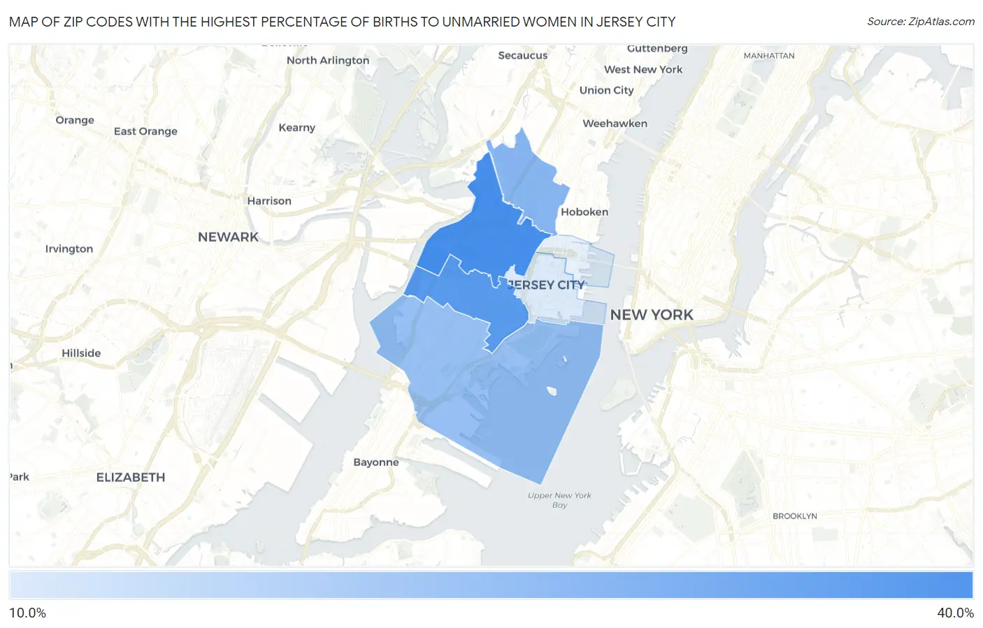 Zip Codes with the Highest Percentage of Births to Unmarried Women in Jersey City Map
