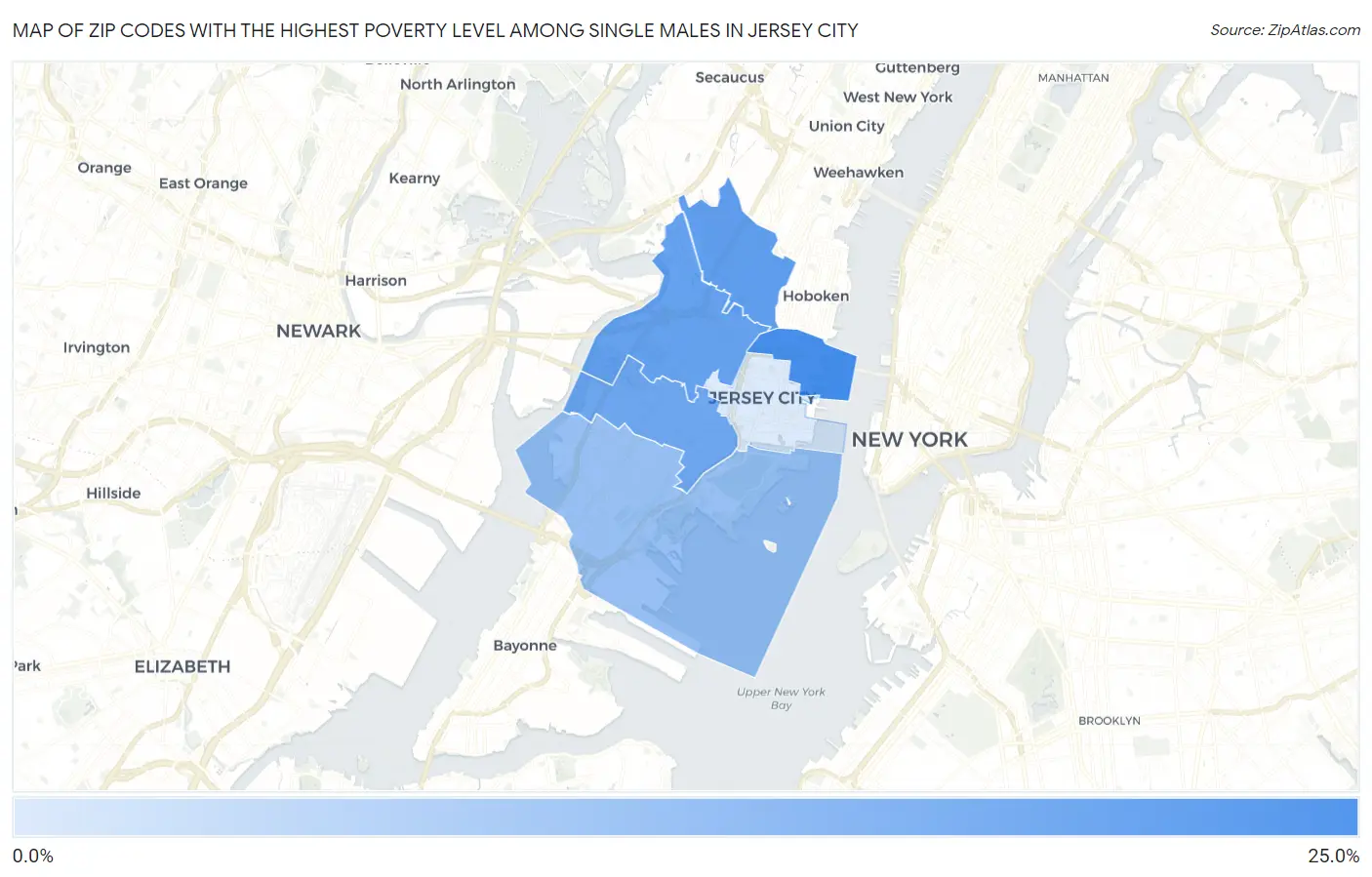 Zip Codes with the Highest Poverty Level Among Single Males in Jersey City Map