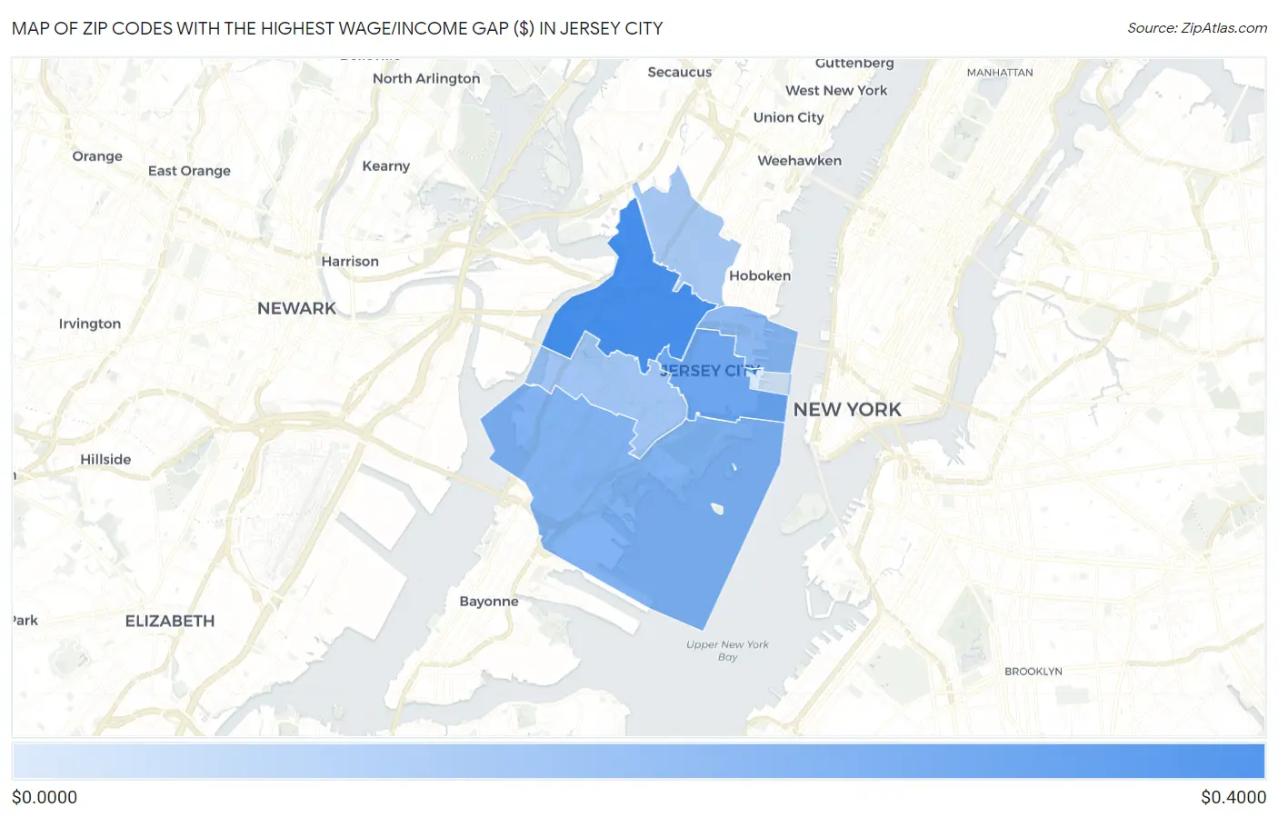 Zip Codes with the Highest Wage/Income Gap ($) in Jersey City Map