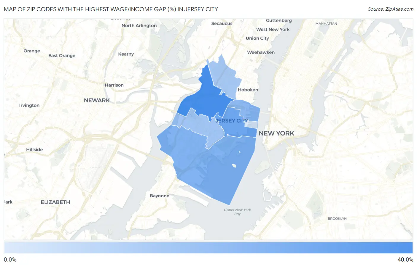 Zip Codes with the Highest Wage/Income Gap (%) in Jersey City Map