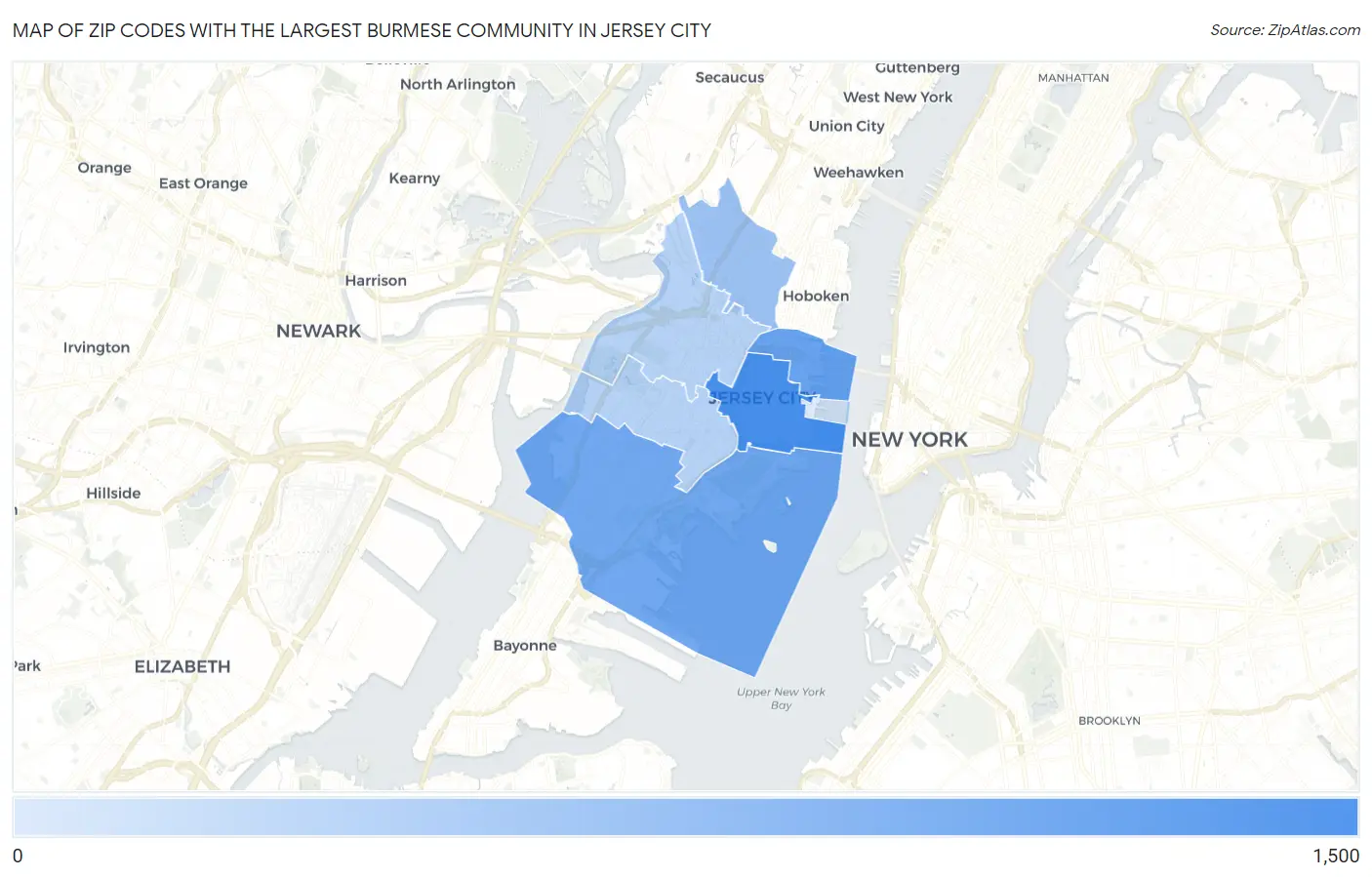 Zip Codes with the Largest Burmese Community in Jersey City Map