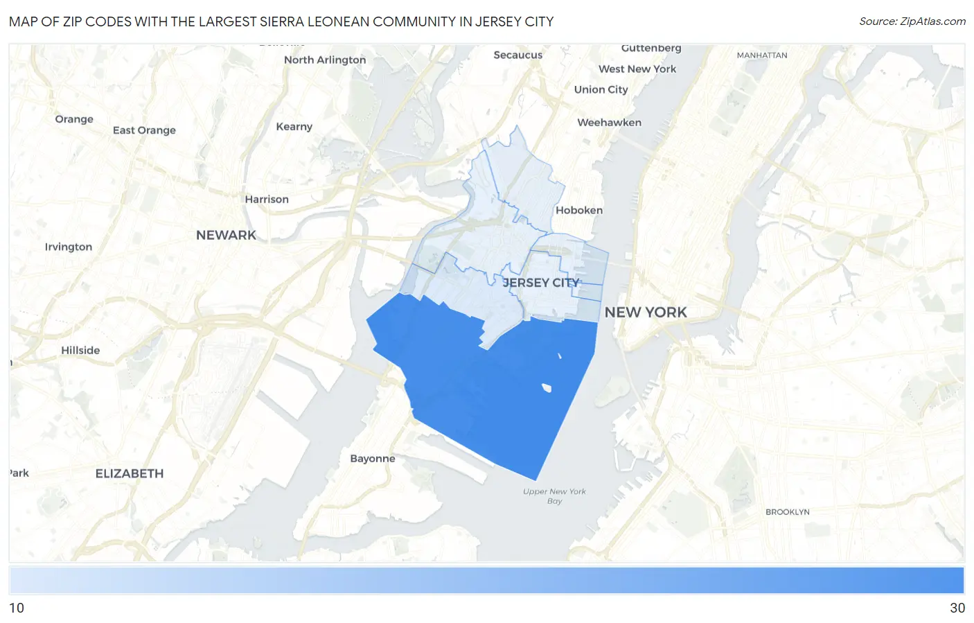 Zip Codes with the Largest Sierra Leonean Community in Jersey City Map