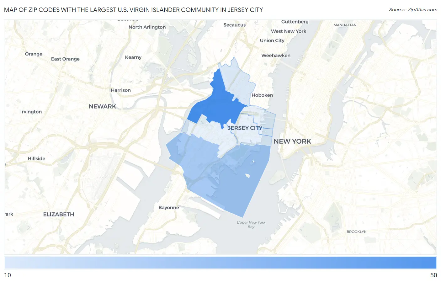 Zip Codes with the Largest U.S. Virgin Islander Community in Jersey City Map