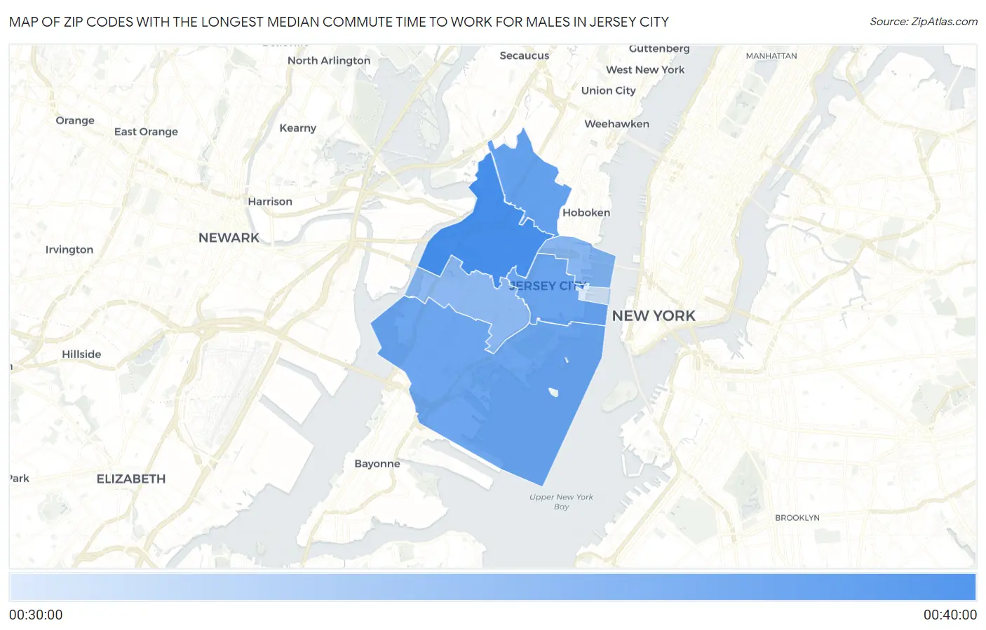 Zip Codes with the Longest Median Commute Time to Work for Males in Jersey City Map