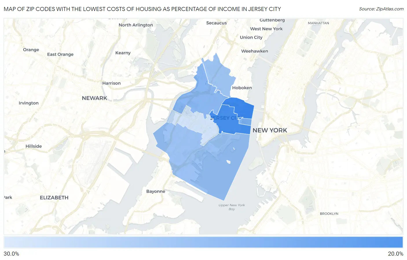 Zip Codes with the Lowest Costs of Housing as Percentage of Income in Jersey City Map