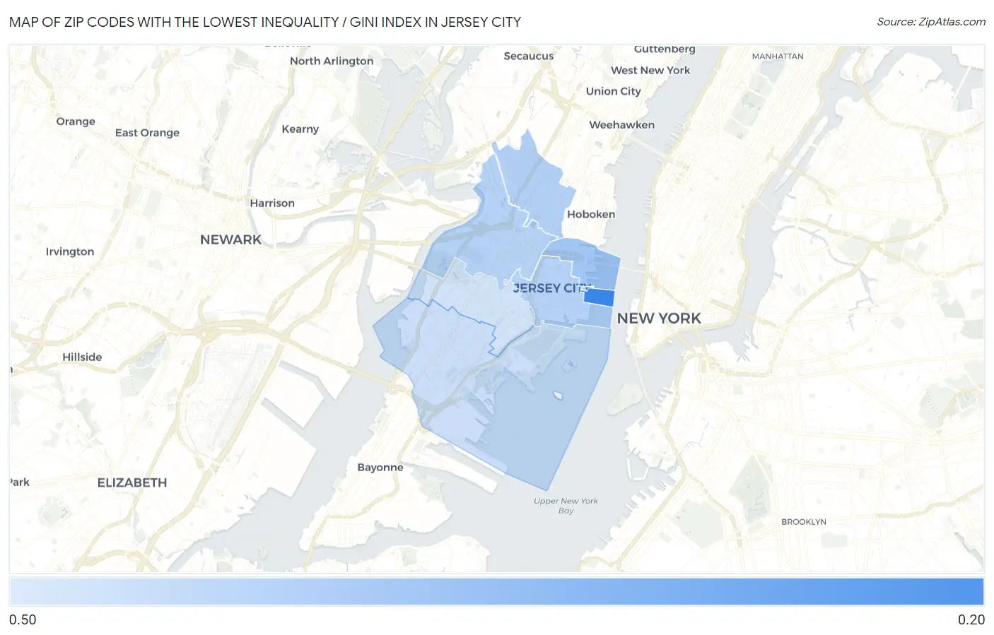 Zip Codes with the Lowest Inequality / Gini Index in Jersey City Map