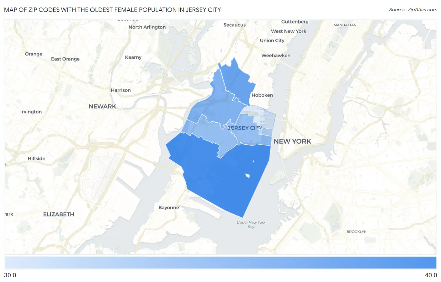 Zip Codes with the Oldest Female Population in Jersey City Map