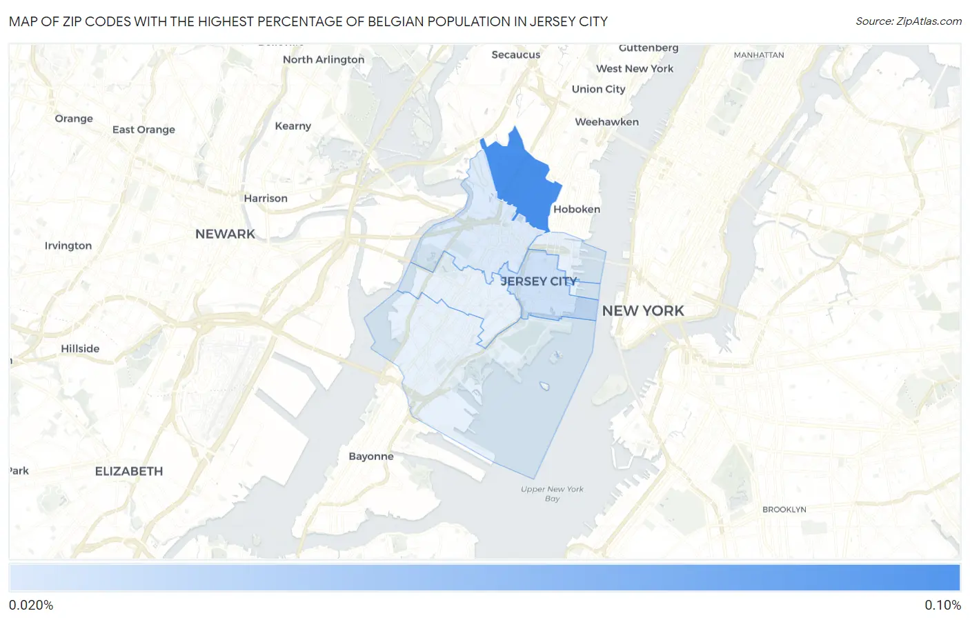 Zip Codes with the Highest Percentage of Belgian Population in Jersey City Map