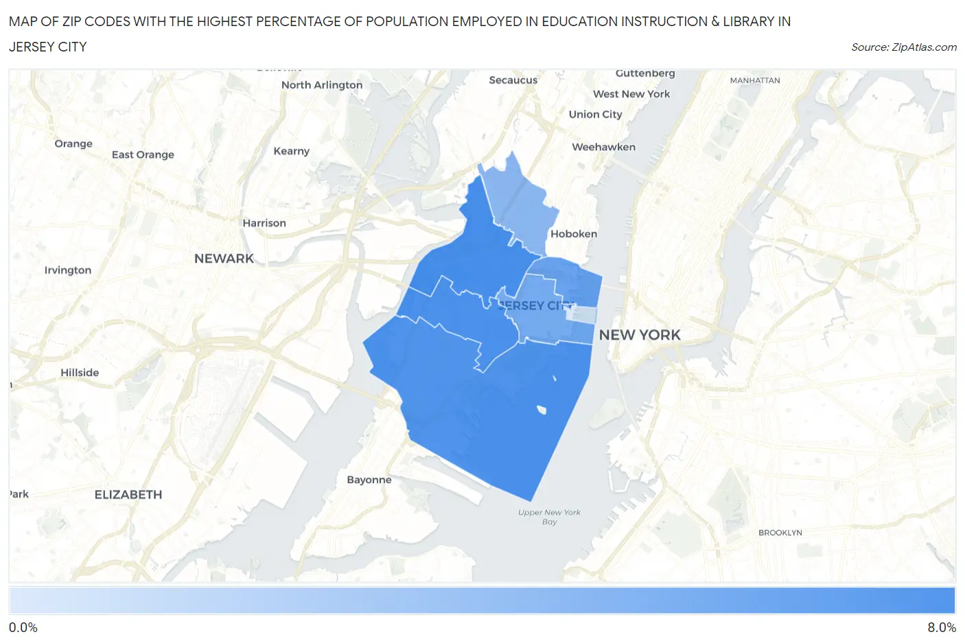 Zip Codes with the Highest Percentage of Population Employed in Education Instruction & Library in Jersey City Map