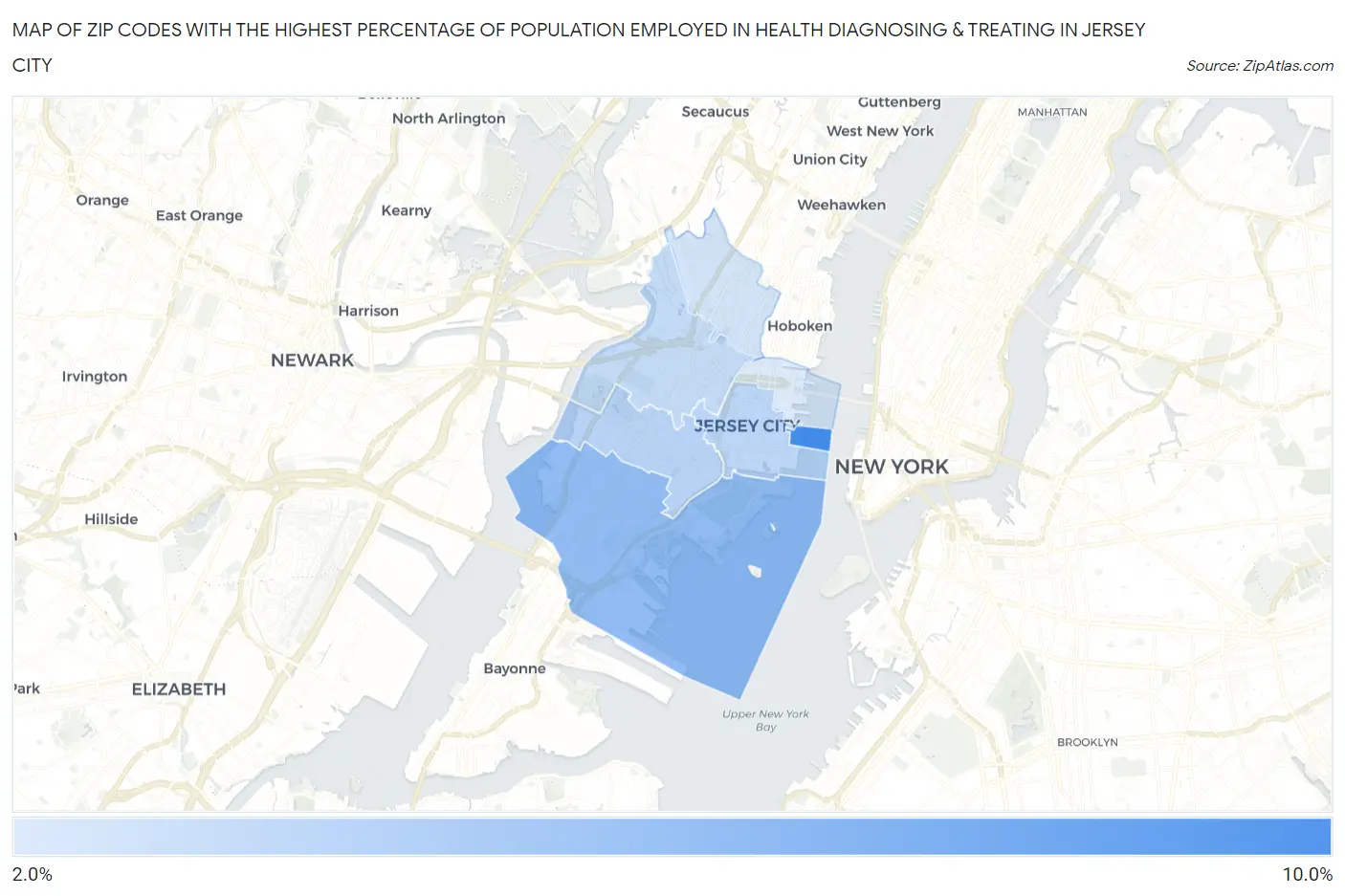 Zip Codes with the Highest Percentage of Population Employed in Health Diagnosing & Treating in Jersey City Map